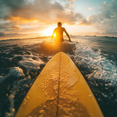  Surfer Paddling Towards Waves at Sunset