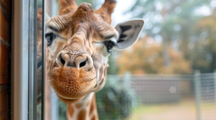 A close-up view of a giraffe's face appearing at a window, showcasing its distinct patterns and textures, with a background of greenery and nature.
