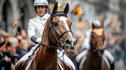A regal horse, adorned with a crown, is led by a rider in uniform during a parade, symbolizing nobility and tradition amidst a crowded festive atmosphere.