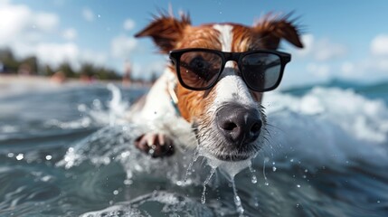 A cheerful dog wearing sunglasses swimming through the ocean on a sunny day, portraying summer fun, relaxation, and adventure right in the midst of refreshing waters.