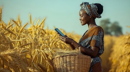 beautiful image of african lady with smart phone and basket in a farmblack woman surfing on social mediaagricultural concept : Generative AI