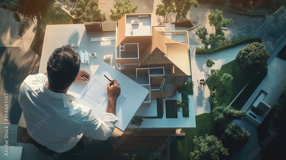 Poster top view of skilled civil engineer sitting and writing idea while looking at house model aerial view