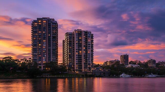 High rise residential appartments on Parramatta River at Sunset with colourful skies Sydney NSW Australia : Generative AI
