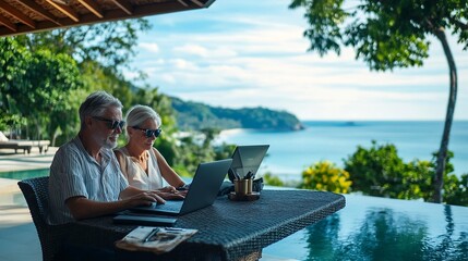 Fototapeta premium Couple senior digital nomad working at luxury villa in Phuket andaman sea as background : Generative AI