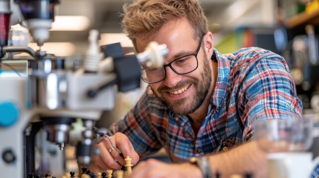 A technician meticulously works on chess pieces using a milling machine, showcasing precision and technical skill. Wearing a plaid shirt in a workshop filled with tools.