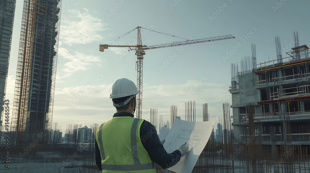 Leinwandbilder builder architect engineer foreman worker with hard hat and safety vest on major construction site w