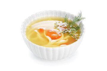 Bowl of tasty chicken soup on white background