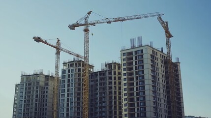 Fototapeta premium Tower cranes on the construction site of a block of flats of the monolithic residential apartment building : Generative AI