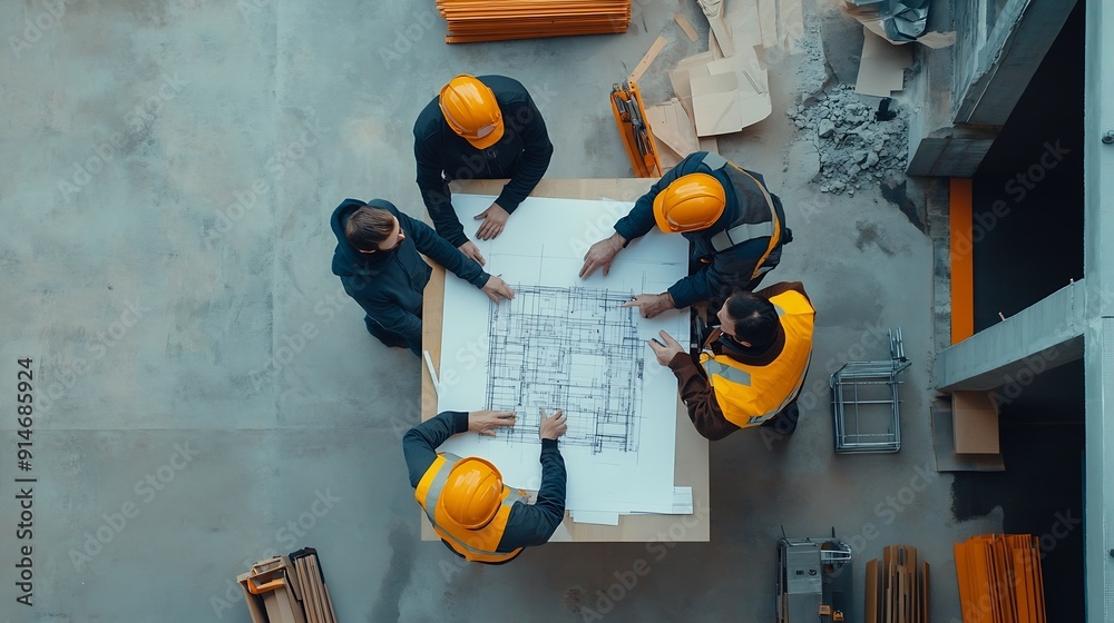 Fototapete Top down aerial view of architect engineer team shake hands and discussing about building construction Group of diverse people working together to plan and design by using blueprint Al : Generative AI