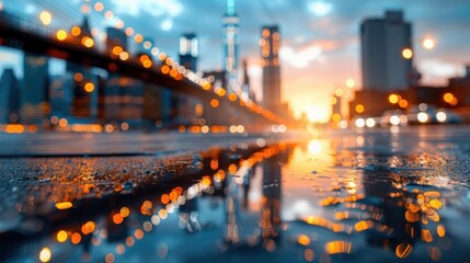 Fototapeta premium A vibrant cityscape captured at dusk with city lights reflecting off the wet street. The urban environment is alive with buildings, bridges, and the soft glow of evening.