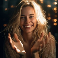 Blonde Woman Smiling With Hands Out in Front of Bokeh Lights