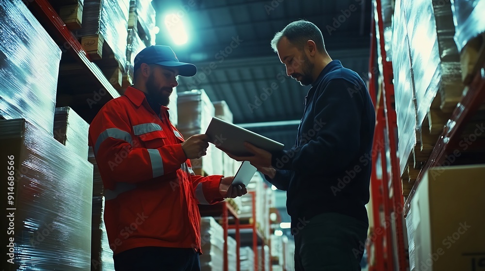 Poster Men tablet and inspection for stock in warehouse with teamwork inventory check and logistics business Quality assurance tech and team discussion in factory for export industry and ecom : Generative AI