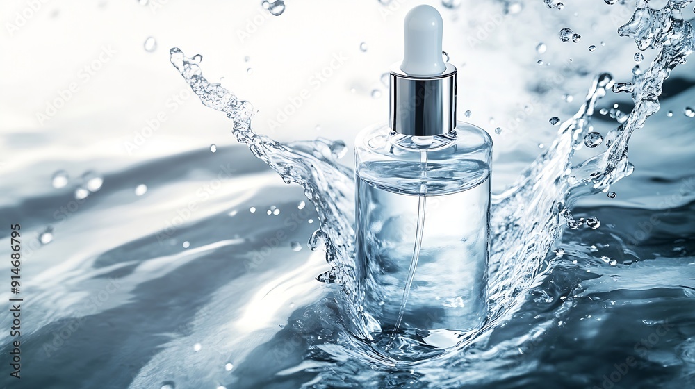 Poster bottle of serum in clean clear water with splashes and waves : generative ai