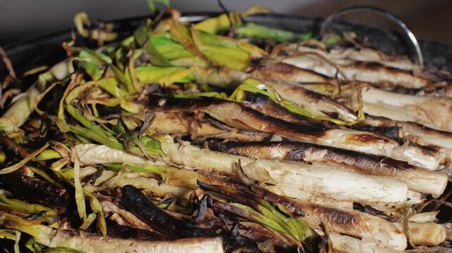 Traditional Spanish catalan green winter onion calcots, spring green season grill barbecue, vegan bbq with fire in Barcelona, Catalonia. Close up of grilling green onion.