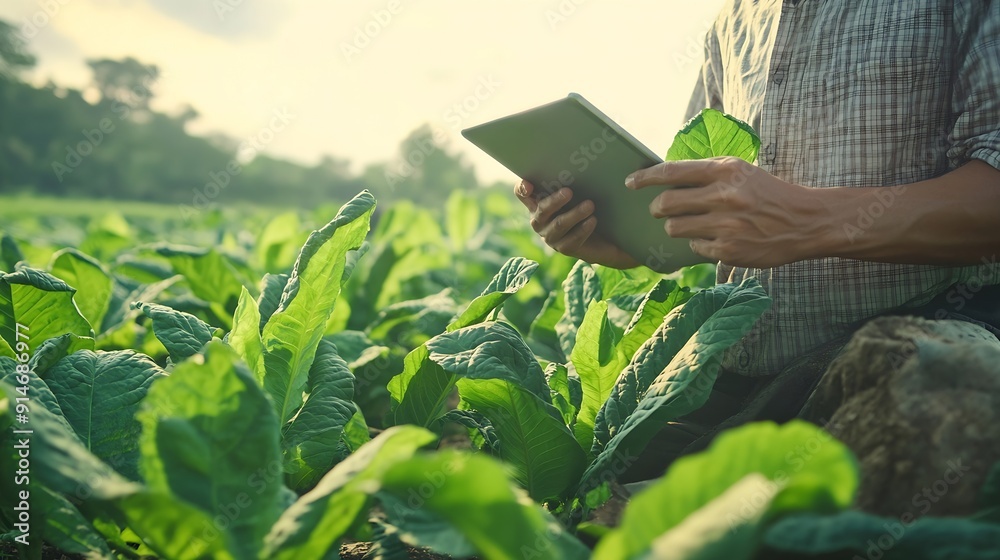 Poster asian farmer working in the tobacco field man is examining and using digital tablet to management pl
