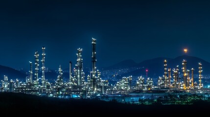 Fototapeta premium Oil refinery night plant and tower of Petrochemistry industry in oil and gas industry : Generative AI