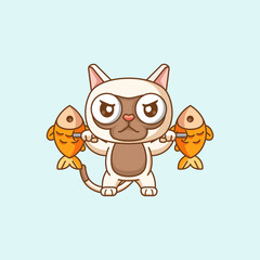 Cute cat lifting fish barbel food kawaii chibi character mascot illustration outline style design