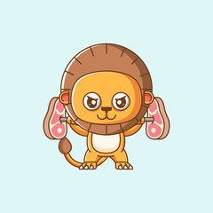 Cute lion lifting meat barbel food kawaii chibi character mascot illustration outline style design