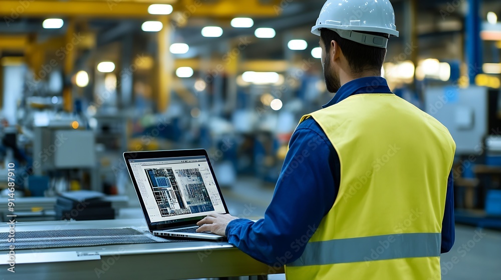 Aufkleber industrial engineer working at a technology factory middle aged male using laptop computer at work b