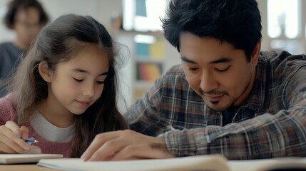 Obraz premium In school asian male teacher is helping biracial female student in the classroom with copy space : Generative AI