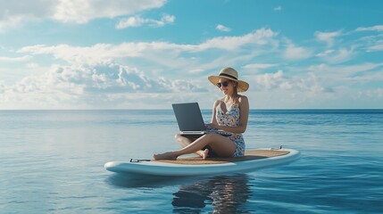 Woman sea laptop Digital nomad freelancer with laptop working on sup board at calm sea beach Happy smiling girl relieves stress from work Freelance digital nomad travel and holidays co : Generative AI