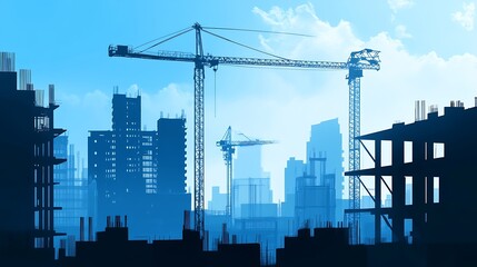 Obraz premium Silhouette Construction site background Hoisting cranes and new multistorey buildings Industrial background Building construction site work against blue sky : Generative AI