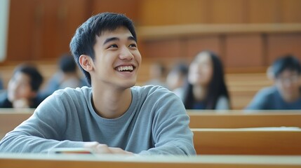 Schools in Session Portrait of cheerful happy asian male student sitting at table in academic auditorium listening to tracher Higher educational institutions learning with pleasure con : Generative AI