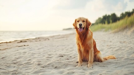 Golden Retriever Enjoying a Summer Adventure at the Baltic Beach Golden retriever sitting on the sand beach of the Baltic Sea Concept for the summer adventures of pure breed dog at the : Generative AI