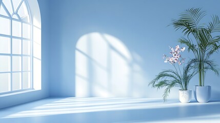 Fototapeta premium Abstract gradient blue studio background for product presentation Empty room with shadows of window and flowers and palm leaves 3d room with copy space Summer concert Blurred backdrop : Generative AI