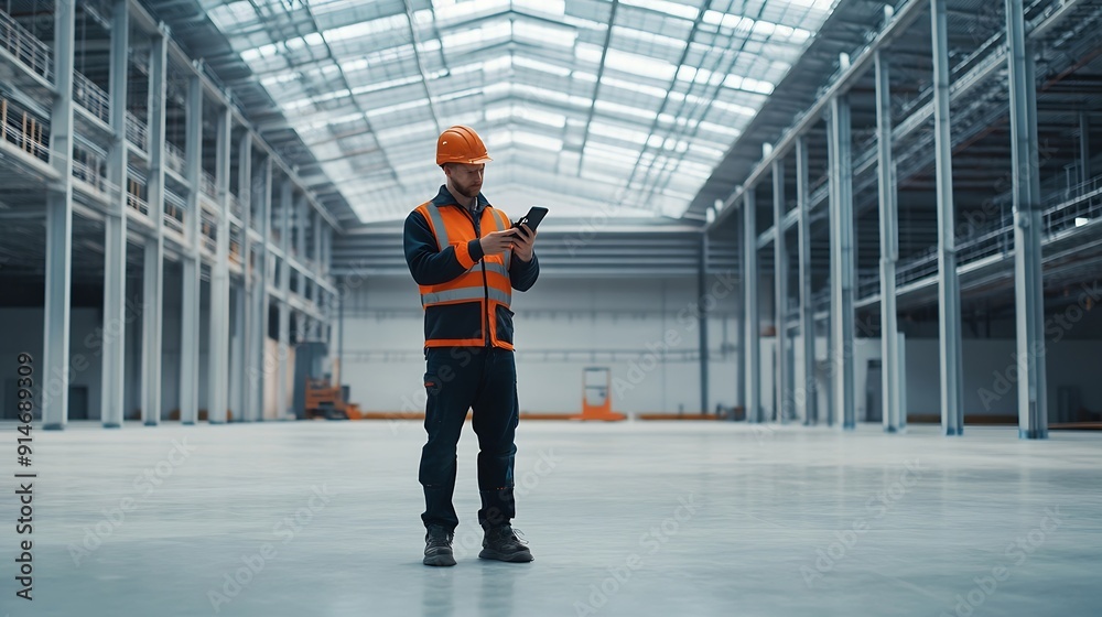 Fototapete Man builder Architect of industrial buildings Construction engineer stands in empty hangar Architect uses internet on his phone Builder of industrial buildings Man engineer in work uni : Generative AI