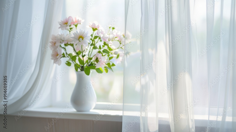 Canvas Prints Flower on windowsill in white vase with tulle curtains