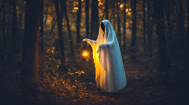 Happy Halloween Spooky ghost holding glowing lantern in moody dark autumn forest Person dressed in white sheet as ghost with light in evening fall woods Boo Horror time : Generative AI