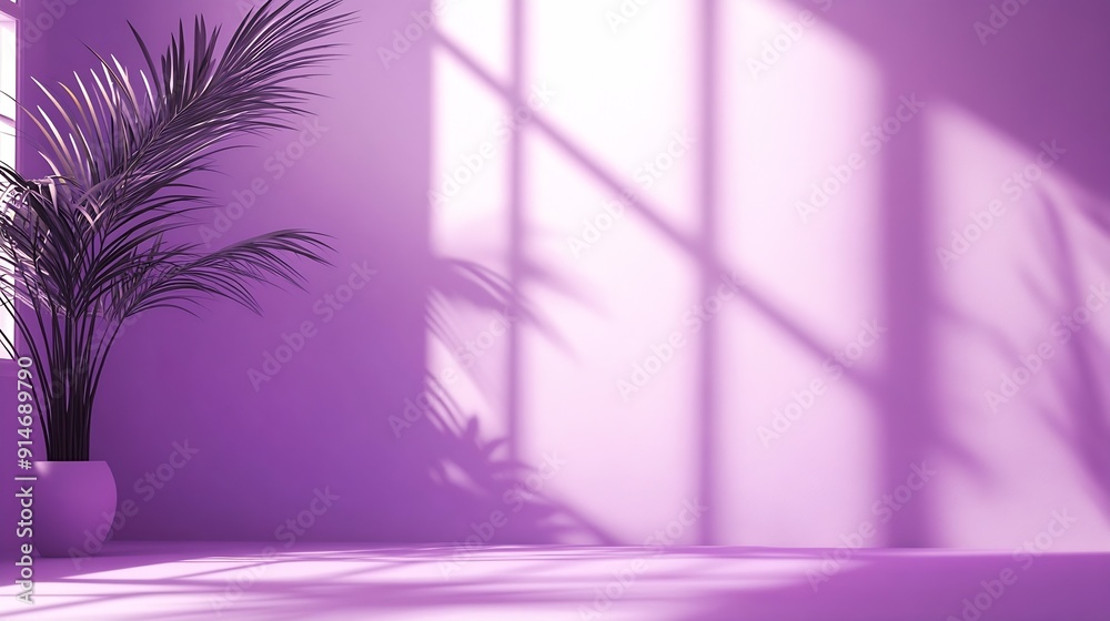 Fototapete Abstract purple studio background for product presentation Empty room with shadows of window and flowers and palm leaves  3d room with copy space Summer concert Blurred backdrop : Generative AI