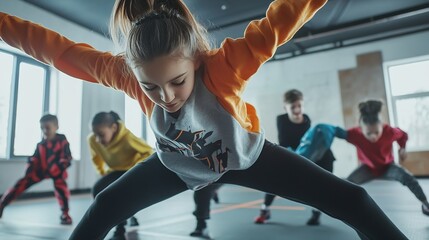 Positive juvenile girl engaged in breakdancing together with childrens group in training room during workout session : Generative AI