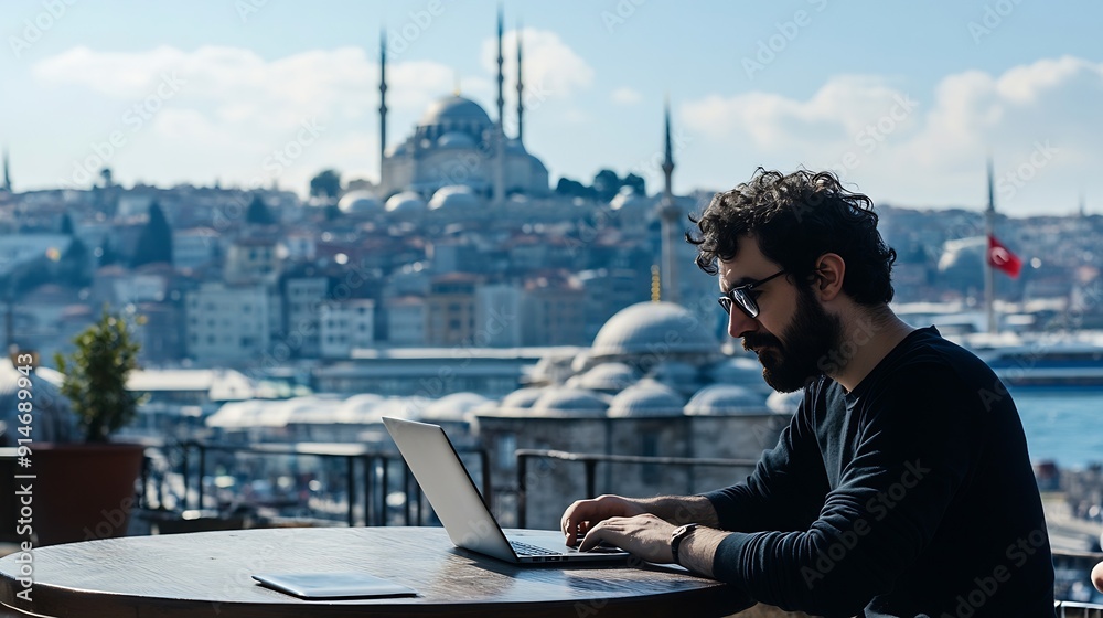 Aufkleber man laptop and digital nomad for agency on internet for travel adventure or location in istanbul mal