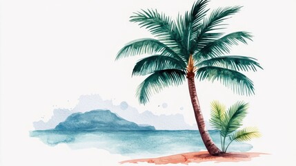 Obraz premium Vibrant and Cheerful Watercolor of a Stylized Palm Tree Icon Isolated on a Clean White Background Representing the Joy and Warmth of the Summer Season