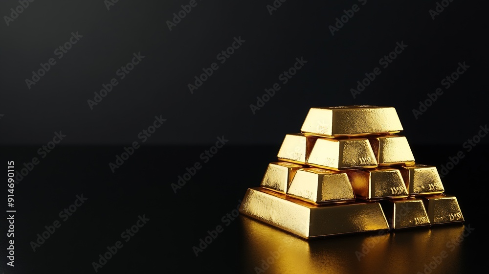 Poster stack gold bars on black background concept of success in business and finance copy space : generati