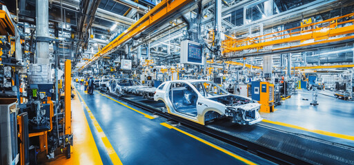 Fototapeta premium Modern Automotive Assembly Line in a Cutting-Edge Manufacturing Facility During Daylight Hours