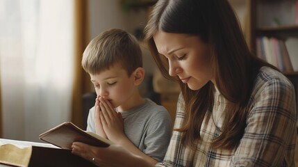 Christian family praying together concept Child and mother worship God in home Woman and boy hands praying to god with the bible begging for forgiveness and believe in goodness : Generative AI © The Little Hut