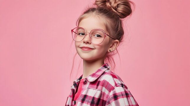 looking cool latest trend autumn fashion happy teen girl in pink checkered shirt smiling hipster kid casual style tween child wear plaid shirt chequered flannel jacket beauty and fashi : Generative AI