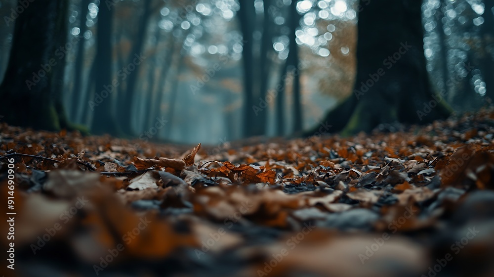Aufkleber moody autumn view in the forest fall season background photo brown fallen leaves on the ground : gen