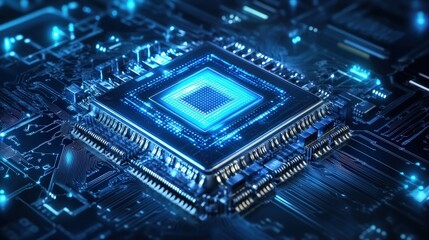 Fototapeta premium Futuristic microchip with glowing blue details on a circuit board, representing advanced technology and innovation in electronics.