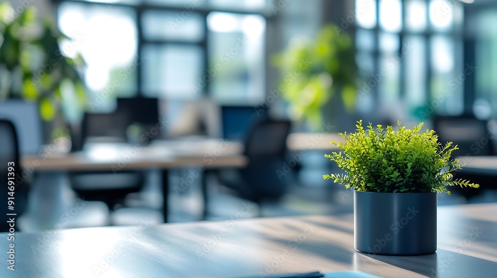 Poster modern open space business office interior without people with blurred bokeh background tables chair