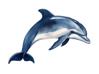 Fototapeta premium Charming watercolor of a happy smiling dolphin icon swimming against a clean white background Playful and joyful summer themed aquatic animal design perfect for vacation beach