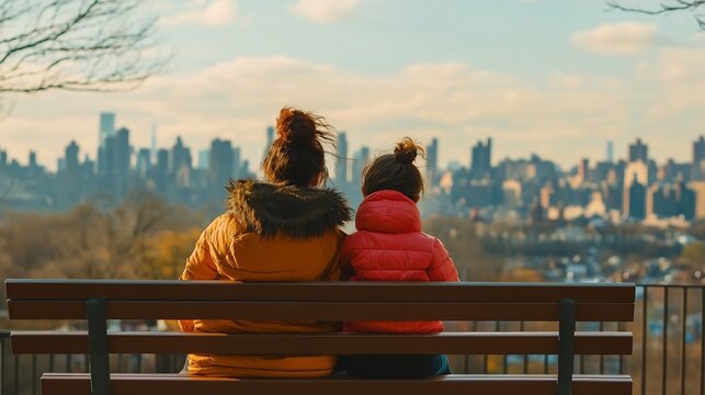Affectionate mother and daughter on park bench overlooking sunny city : Generative AI