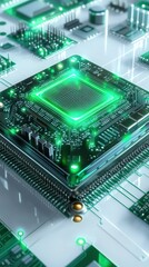 Fototapeta premium High-tech digital circuit with a glowing green microchip at the center, representing advanced technology and innovation.