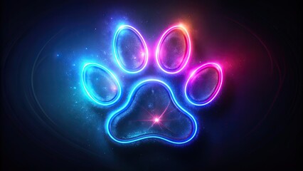 Neon glowing cat paw print on dark background, neon, glowing, cat, paw, footstep, print, dark, background, vibrant, colorful, pet