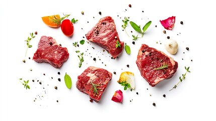 Raw beef steaks herbs and pieces of vegetables levitating in air on white background File contains clipping path : Generative AI
