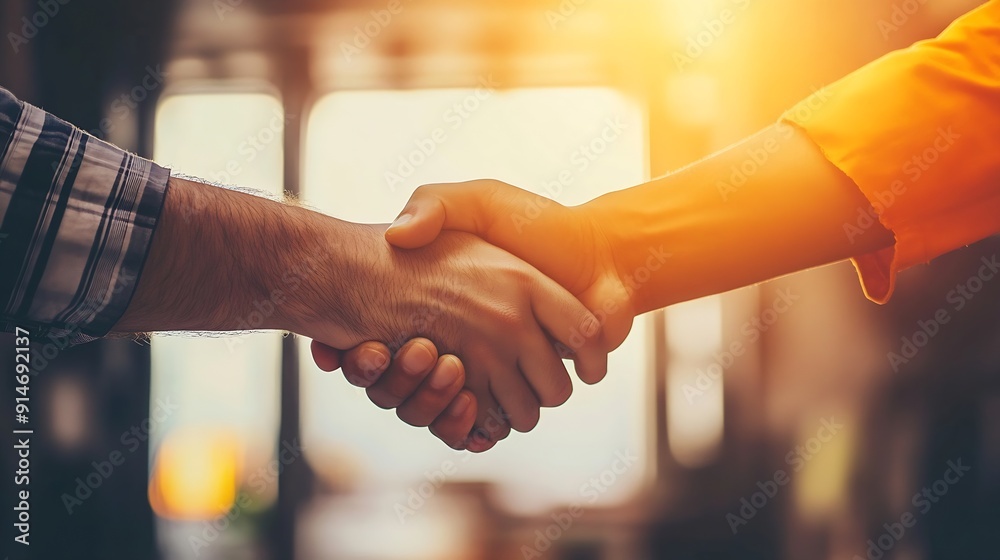 Fototapete architect and engineer construction workers shaking hands while working for teamwork and cooperation