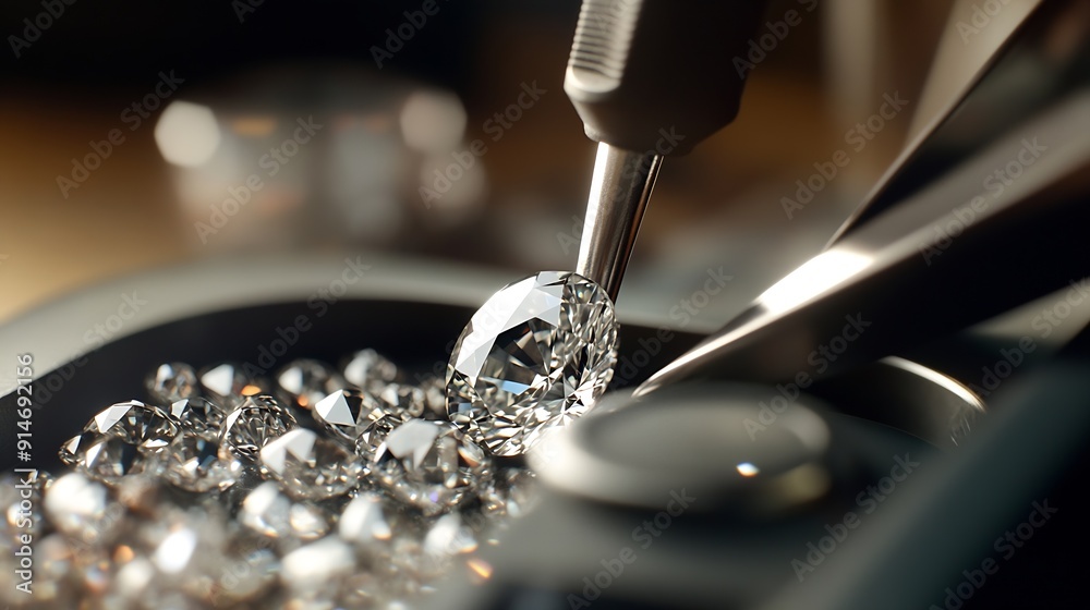 Poster closeup of diamonds at workplace of diamond dealer assessing quality and color of polished diamonds 